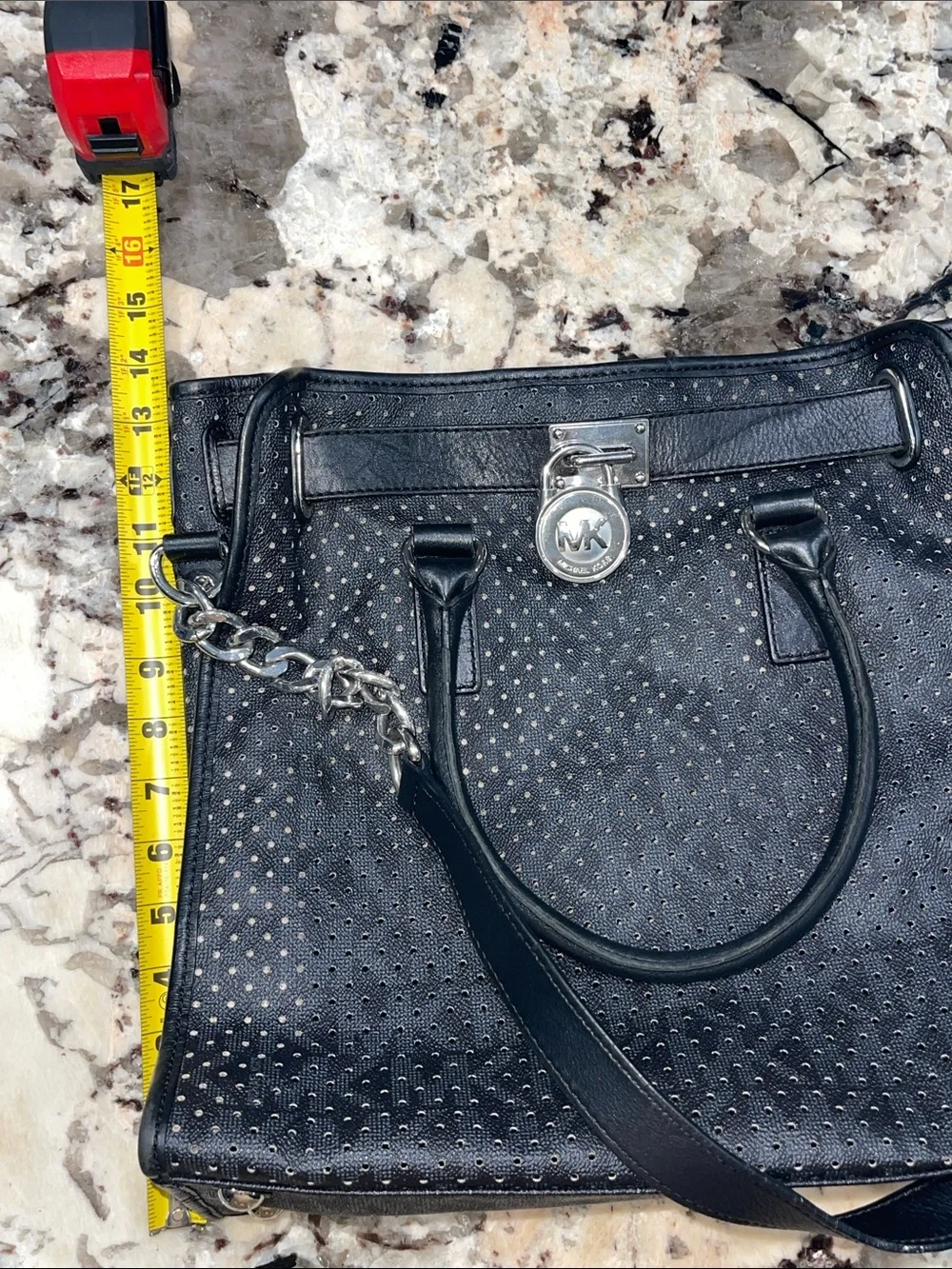 MICHAEL Michael Kors Black Perforated Leather Tote with Silver Hardware